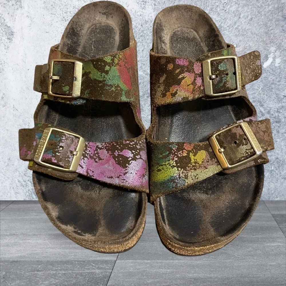 BIRKENSTOCK ARIZONA Flower Crush Mocca Leather Sandals Slide US5 EU36 UK3 Womens